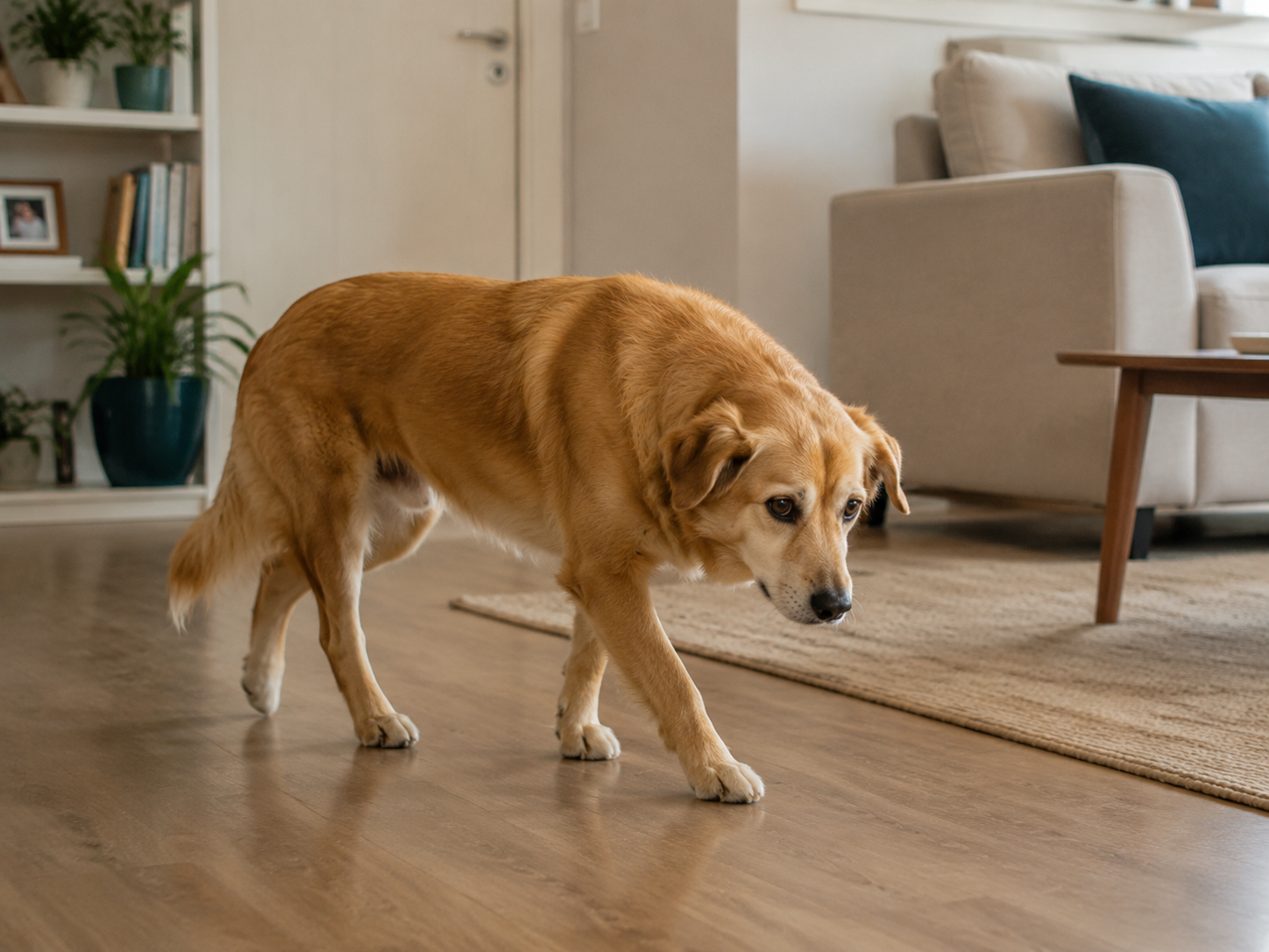 Cachorro andando pela casa com semblante cansado e inquieto