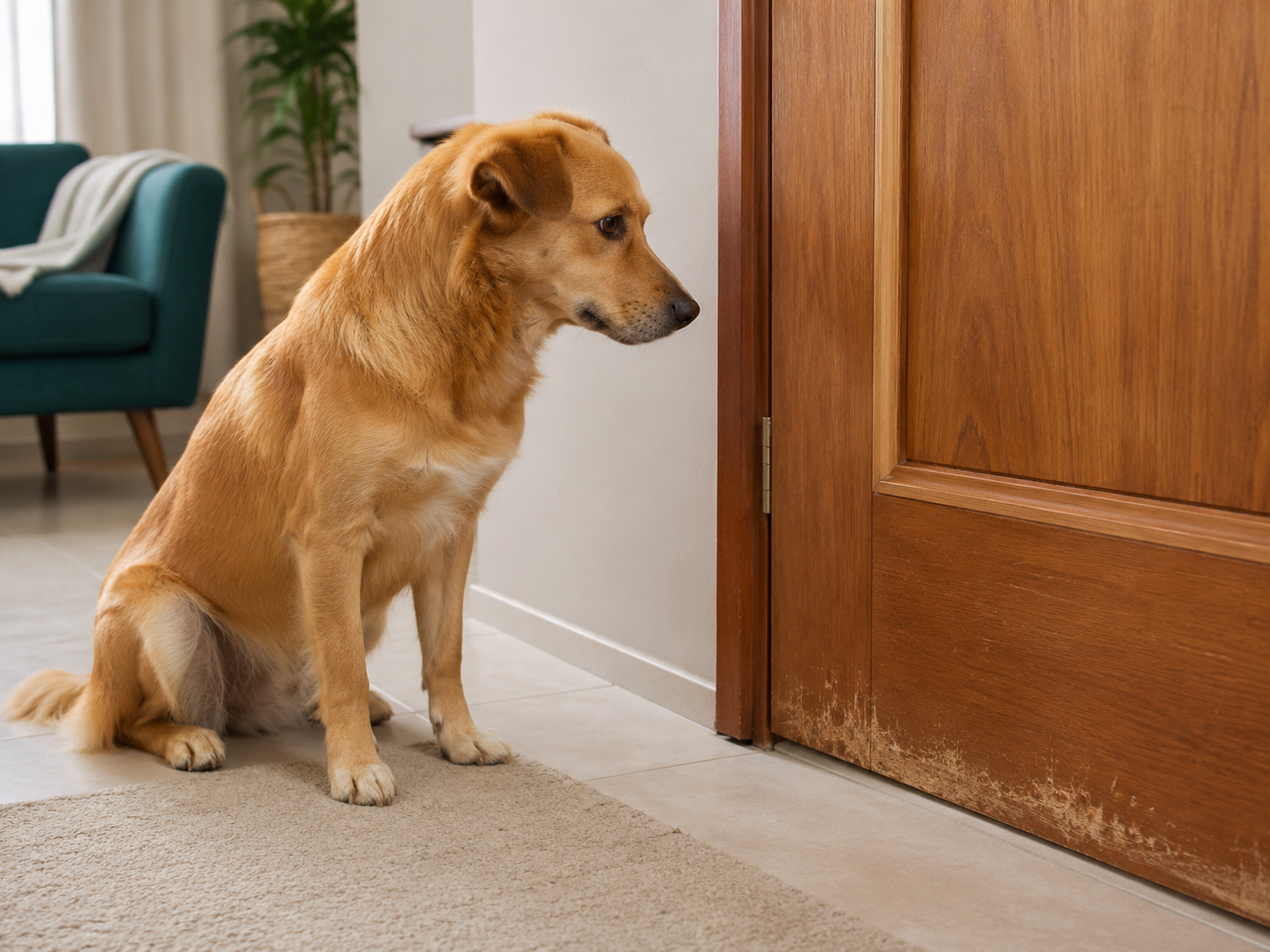 Cachorro próximo a uma porta com marcas leves na parte inferior