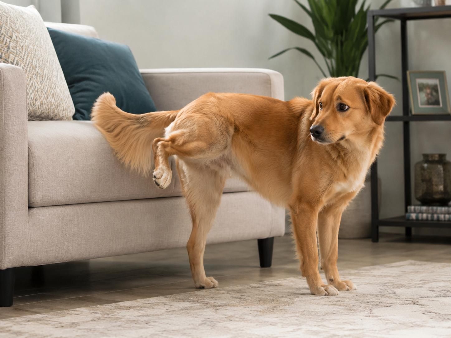 Cachorro levantando a pata ao lado do sofá, representando eliminação inadequada sem mostrar urina