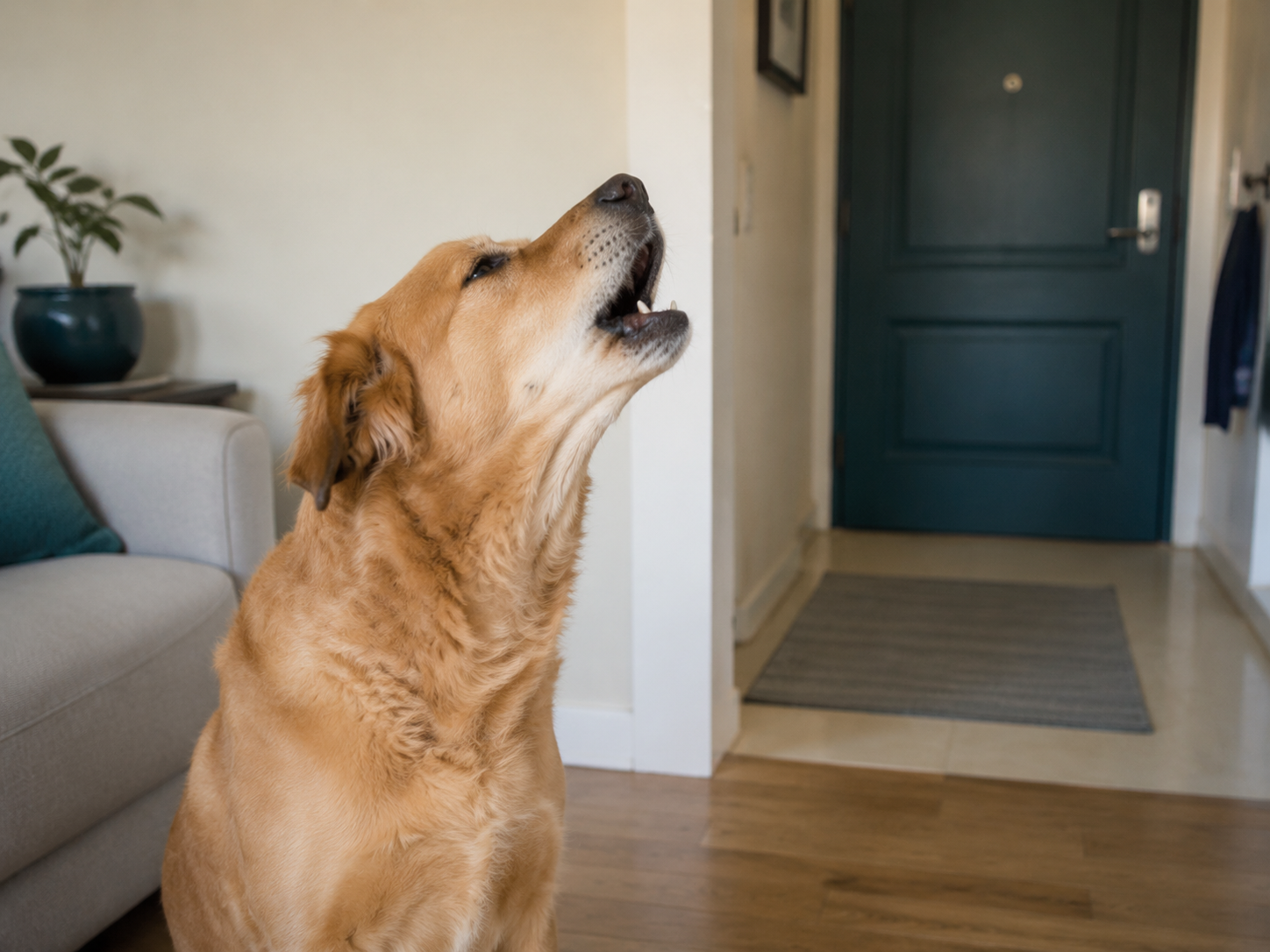Cachorro sozinho em casa com a cabeça elevada, como se estivesse uivando