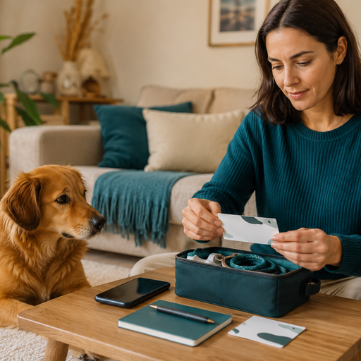 Tutora organizando materiais e contatos de emergência do cachorro