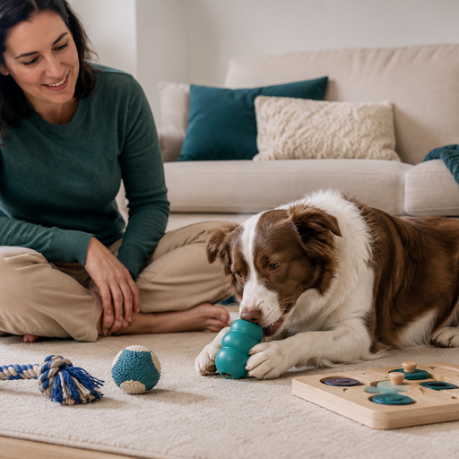 Cachorro usando brinquedos de enriquecimento ambiental