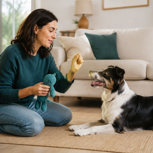 Tutora realizando um exercício em casa com seu cachorro